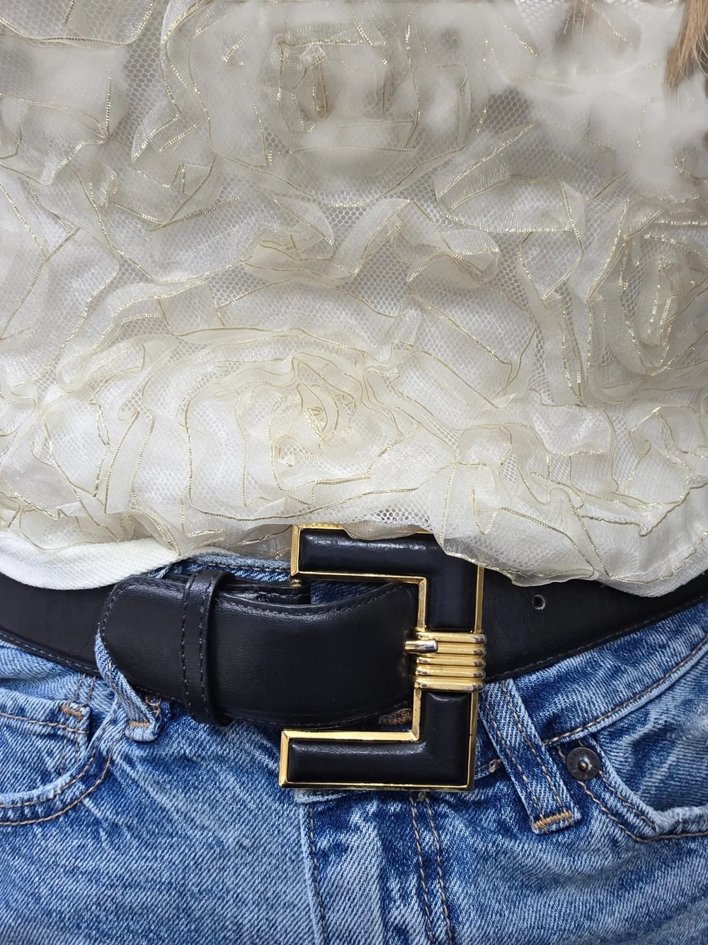 Vintage USA Black Glove Leather Belt Geometric Gold Buckle Small